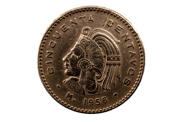 Reverso Moneda de 50 centavos 1956 Azteca de bronce Cuauhtémoc, México 