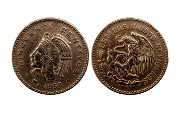 Reverso y anverso moneda de cincuenta centavos mexicana, bronce 