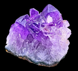 Natural Stone Amethyst with Remnants of Rock On the Sole. Isolated On Black Background - obrazy, fototapety, plakaty