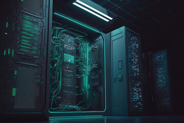 3D illustration of a futuristic server room with node base programming, generative ai