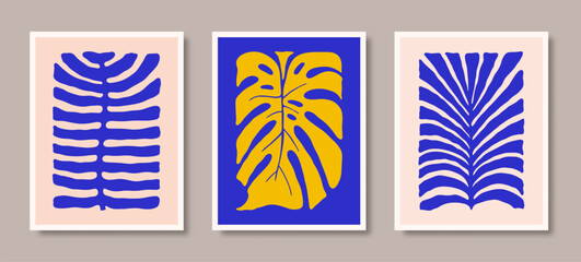 Abstract Naive Tropical Leaves Posters with Monstera, Palms and Ferns. Floral Prints in Contemporary Style. Vector