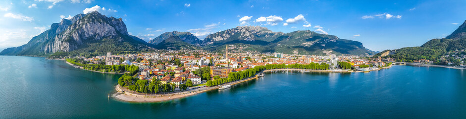 Fototapeta na wymiar Aerial view of Lecco city in the southeastern shore of Lake Como, in northern Italy.
