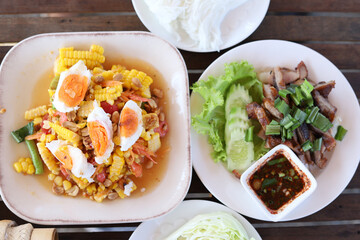 Corn papaya salad,Papaya salad. Traditional spicy Thai food.