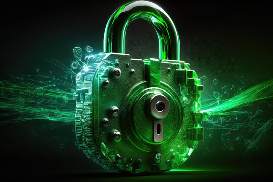 Bright green padlock symbolizing secure online data, generative ai