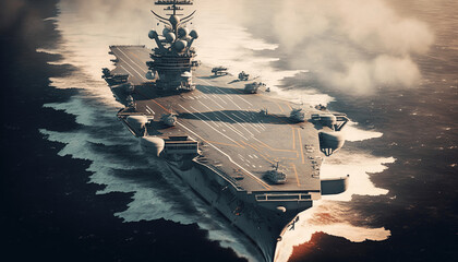 View down to an aircraft carrier warship. Generative AI.