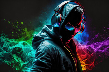 Silhouette of a man listening music with headphones glasses colorful 2. Generative AI.