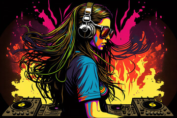 DJ woman with glasses on turn tables colorful splash. Generative AI.