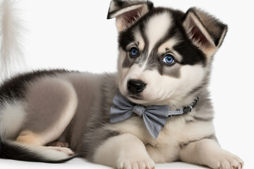Cute shepherd husky mix puppy lying on a blanket while wearing a bow tie. Generative AI