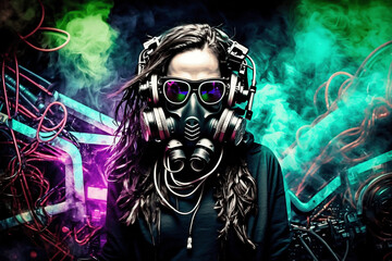 Steampunk woman with headphones colorful fog. Generative AI.