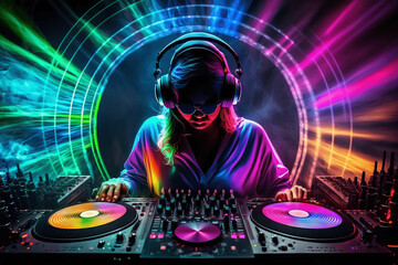 Obraz na płótnie Canvas Female DJ in laser show halo and turn table. Generative AI.