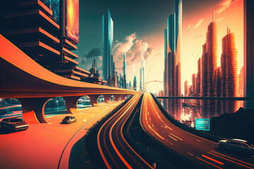 Obraz na płótnie Canvas Futuristic digital cityscape with abstract highway path, generative ai