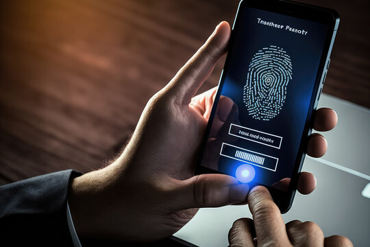 Man holding a smartphone with biometric fingerprint login, generative ai