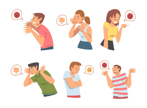 Young Angry Man and Woman Character Expressing Discontent in Social Media with Furious Face Vector Set