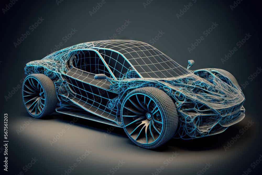 Aufkleber concept for a futuristic sports automobile with wireframe junction (). generative ai