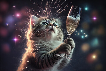 Cat drinking champagne on New Year's Eve party. Generative AI.