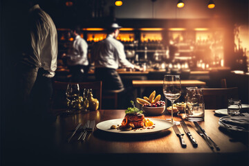 blurred restaurant background with some people eating and chefs and waiters working, generative ai.	