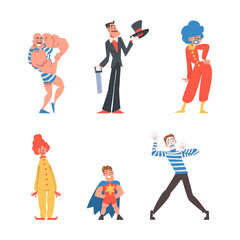 Circus Artist Character with Clown, Strongman, and Magician with Saw Performing on Stage or Arena Vector Set
