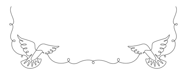 One continuous line drawing of flying dove. Bird symbol of peace and freedom in simple linear style. Romantic and love wedding concept. Editable stroke. Outline vector illustration