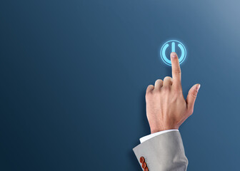 Man pressing start button on blue background, closeup. Space for text