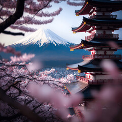 Sakura Serenity: Exploring the Colors of Japan's Cherry Blossom Season with Mount Fuji and Chureito - AI Generative