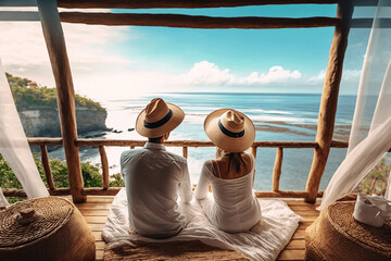 Couple with straw hats chilling enjoying beautiful views over the ocean, paradisiac beach, sunday morning, ai generative - obrazy, fototapety, plakaty