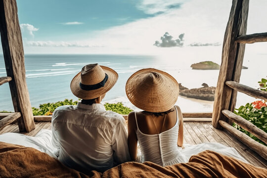 Couple with straw hats chilling enjoying beautiful views over the ocean, paradisiac beach, sunday morning, ai generative