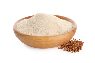 Fototapeta na wymiar Bowl of buckwheat flour on white background