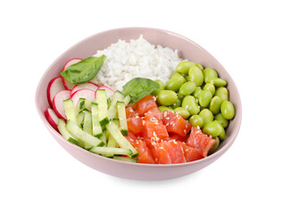 Poke bowl with salmon, edamame beans and vegetables isolated on white