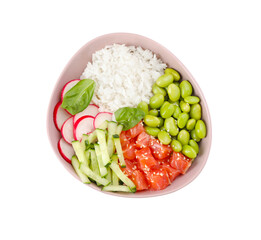 Poke bowl with salmon, edamame beans and vegetables isolated on white, top view