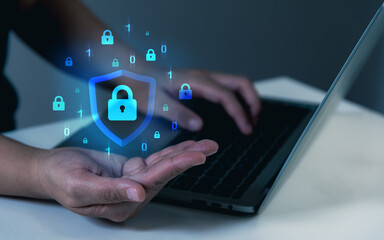 Cybersecurity, firewall, person hand showing padlock and coding to lock password with icons concept, privacy layer, antivirus, virus defence, data protection, cloud computing.