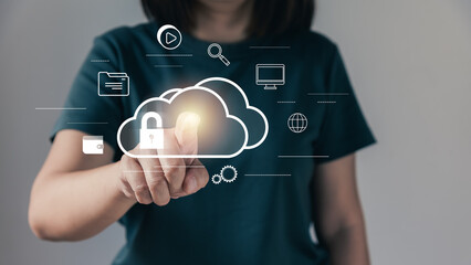 Cloud computing security, database firewall, person touching on cloud system and showing...
