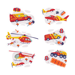 Rescue Equipment with Specialized Machine and Emergency Vehicle for Urgent Saving of Life Vector Composition Set