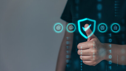 Cybersecurity, firewall check mark, person touching on security unlock to access database, privacy layer, antivirus, virus defence, data protection, cloud computing, ai security.
