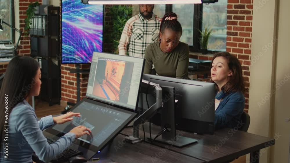 Poster employees doing it work to develop new interface in agency studio, content creators analyzing infogr