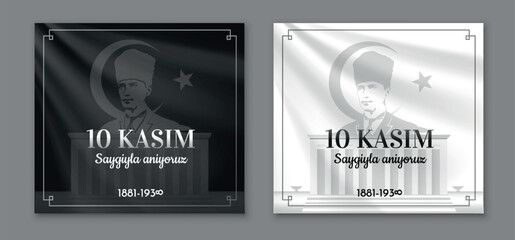Translation: 10 november remembrance with respect. Collection of graphic elements for site. National Turkish Memorial Day. Cartoon flat vector illustrations isolated on grey background