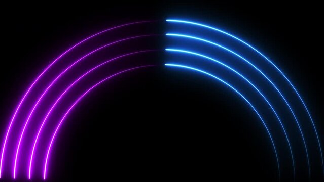 Neon glowing laser lines blue purple half circle on black background. Seamless loop animation. 4K footage 3840x2160
