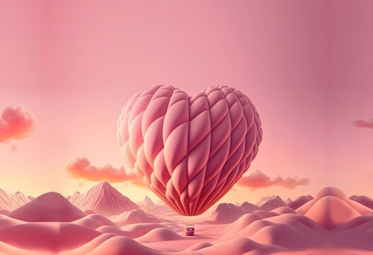 Globo aerostático en forma de corazón volando sobre desierto rosa. Romántico, dulce, día de los enamorados, San Valentín. Generado por tecnología IA