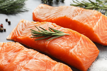 Fresh salmon and ingredients for marinade on grey table