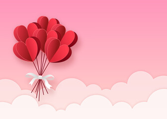Happy Valentine&rsquo;s Day Illustration of love with heart, gift, flower and cloud background. Paper cut style. Vector illustration