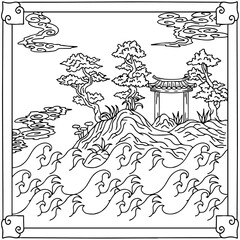 Design Asian Landscape Painting Outline