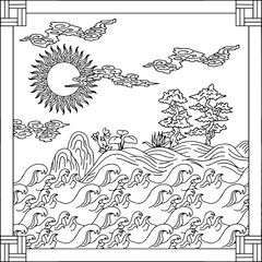 Design Asian Landscape Painting Outline