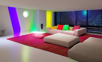 Modern living room with sofa and colorful cushions. Generative AI