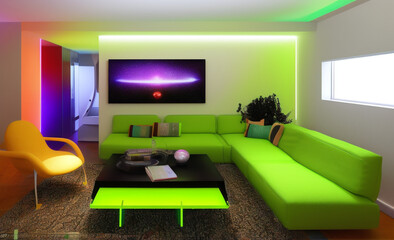 Modern living room with greensofa. Generative AI