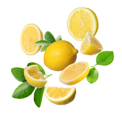 Fototapeta na wymiar Fresh ripe lemons and green leaves flying on white background