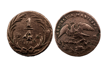 Reverso y Anverso de la Moneda 1/4 de Real 1833, Moneda Mexicana, águila devorando una serpiente