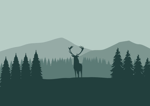 Deer silhouette in the pine forest. Vector illustration.
