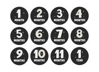 Set of vector lettering stickers today I'm 1, 2, 3, 4, 5, 6, 7, 8, 9, 10, 11, 12 months old. Happy birthday greeting card for baby under one year old. Colored handwritten illustrations