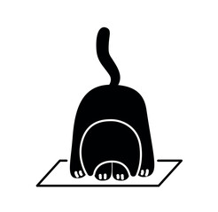 Black cat stretching. Active lifestyle, yoga and fitness. Sticker for social networks and messengers. Adorable and charming kitten silhouette. Cartoon flat vector illustration