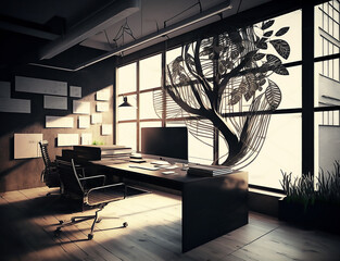 Modern and comfortable office interior design decorated in an exotic style. office interior design