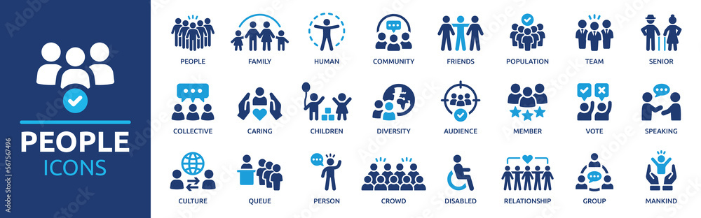 Wall mural people icon set. containing group, family, human, team, community, friends, population and senior ic